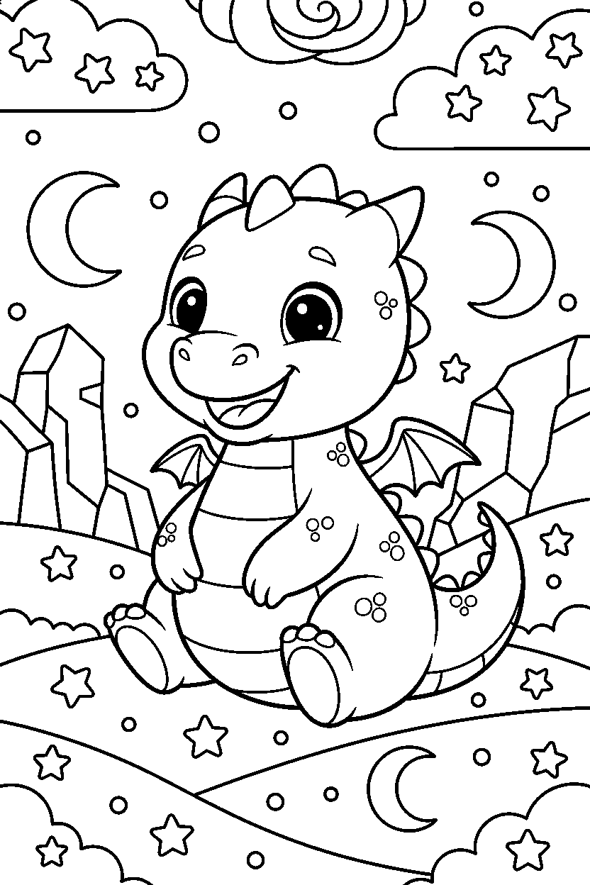 baby dragon smiling happily in a starry valley line art