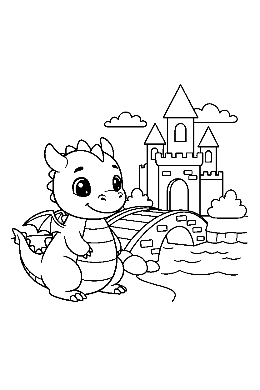 baby dragon smiling happily near a castle bridge line art