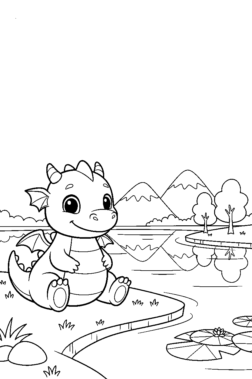 baby dragon smiling happily near a peaceful lake line art