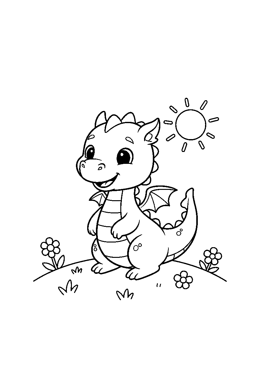 baby dragon smiling happily on a bright hill line art