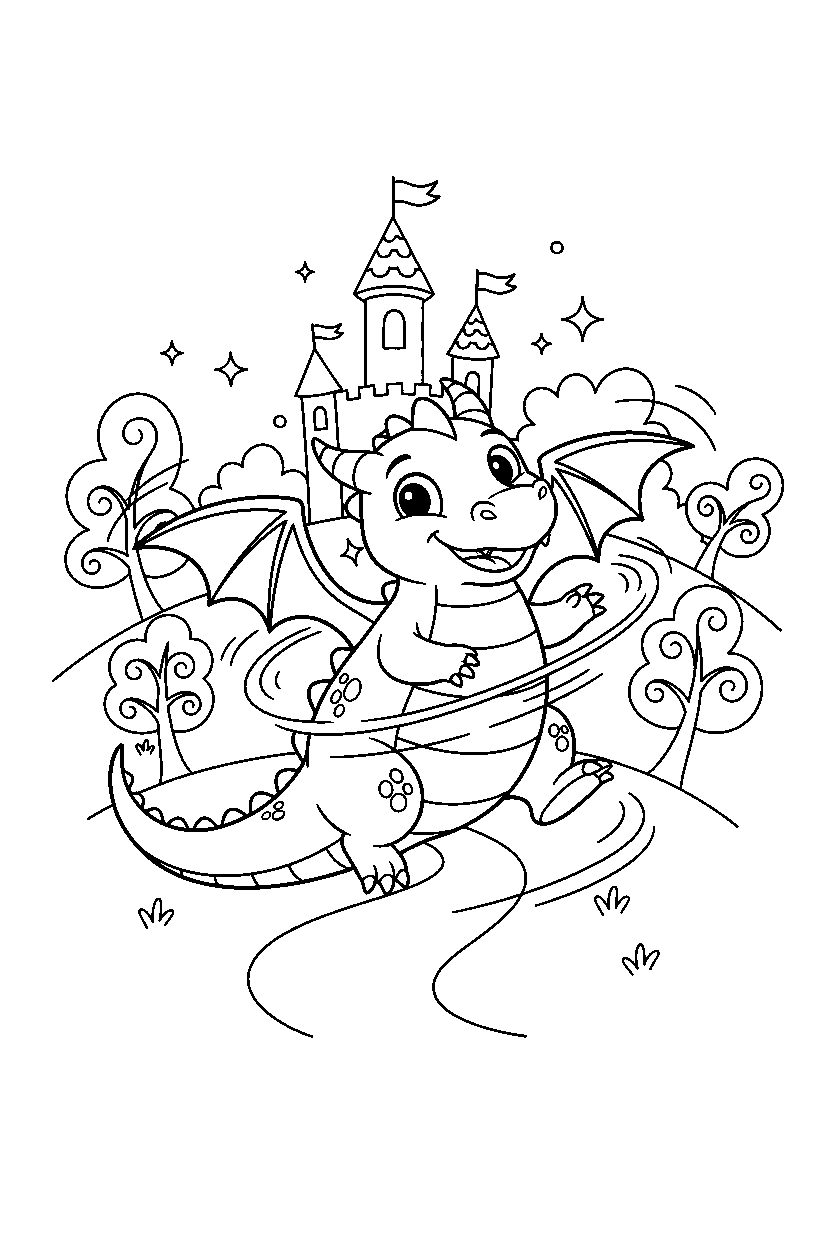 baby dragon spinning happily in a magic kingdom line art