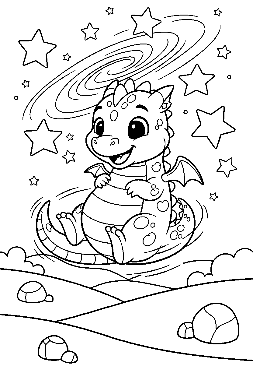 baby dragon spinning happily in a starry valley line art