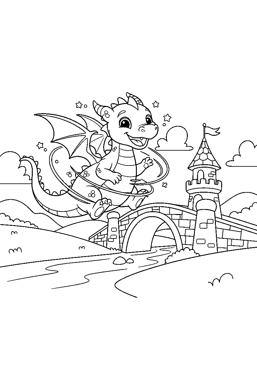 baby dragon spinning happily near a castle bridge line art