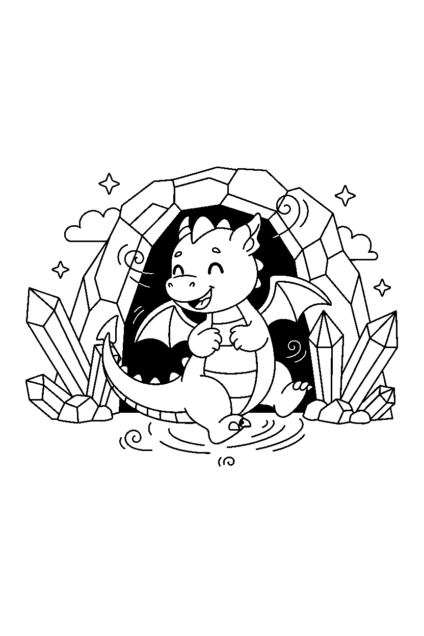 baby dragon spinning happily near a crystal cave line art