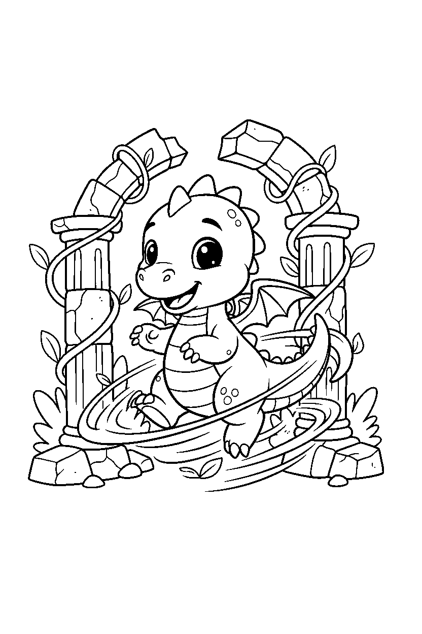 baby dragon spinning happily near ancient ruins line art
