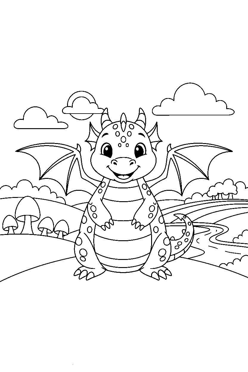 baby dragon spreading wings in a peaceful countryside line art