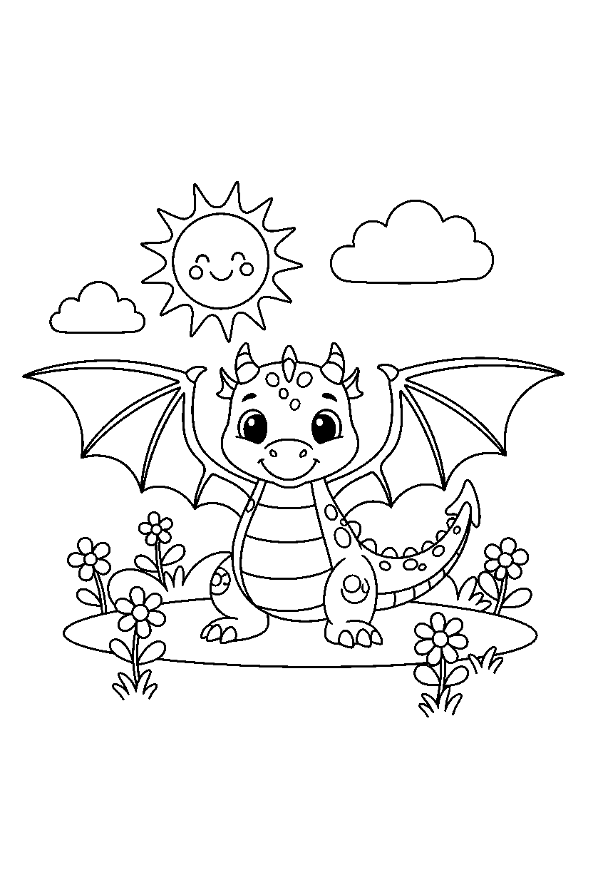 baby dragon spreading wings on a sunny meadow line art