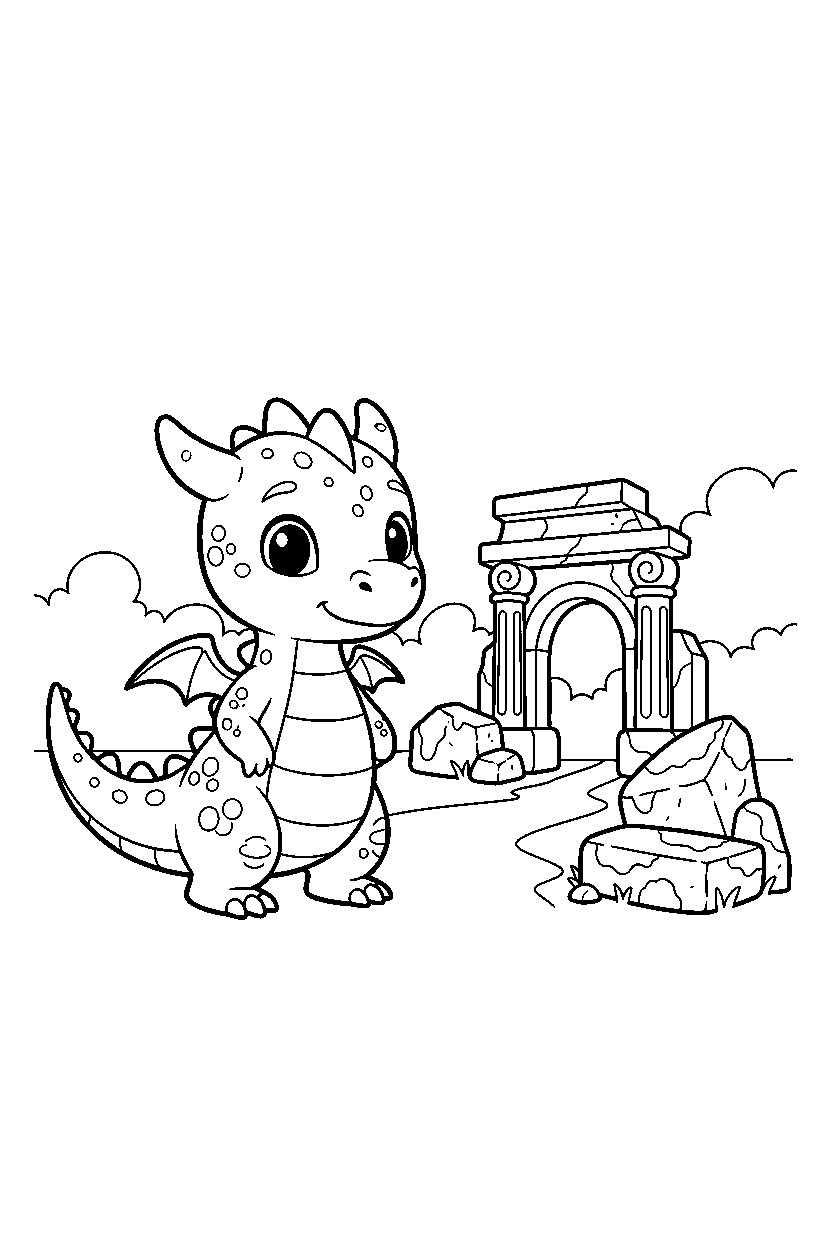baby dragon standing bravely near ancient ruins line art