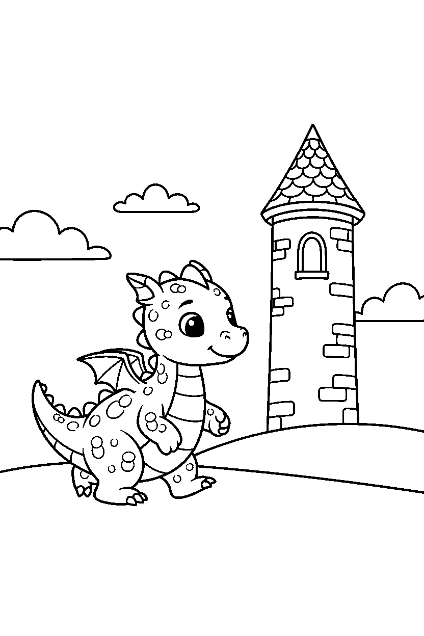 baby dragon walking gently near a castle tower line art