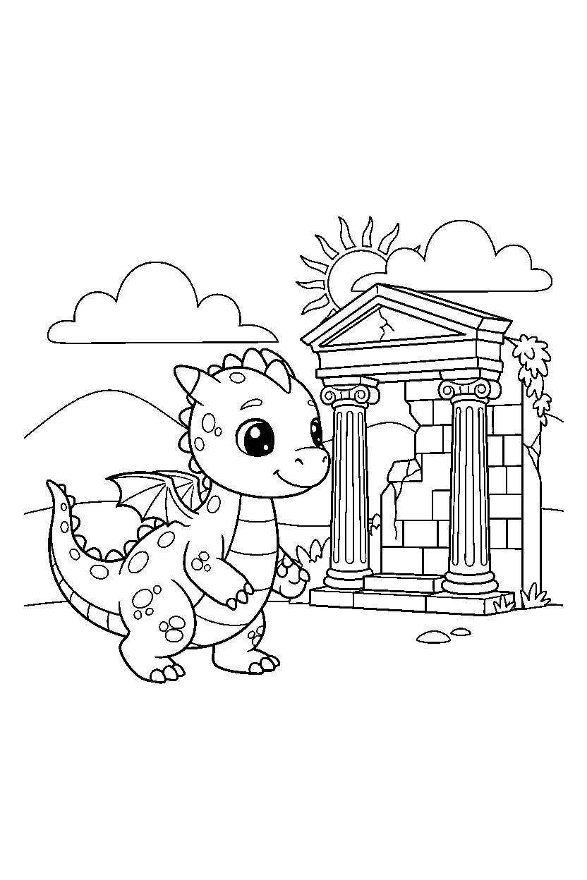 baby dragon walking gently near ancient ruins line art