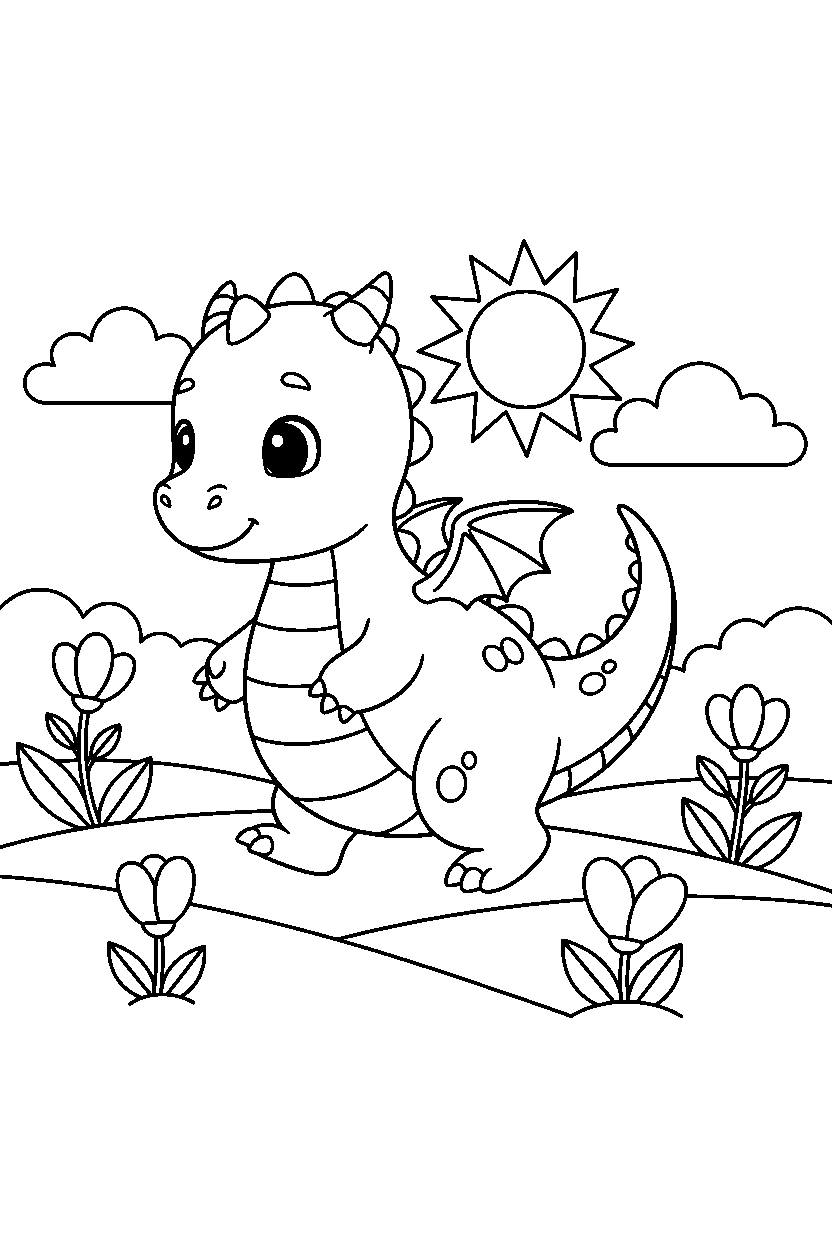 baby dragon walking gently on a sunny meadow line art