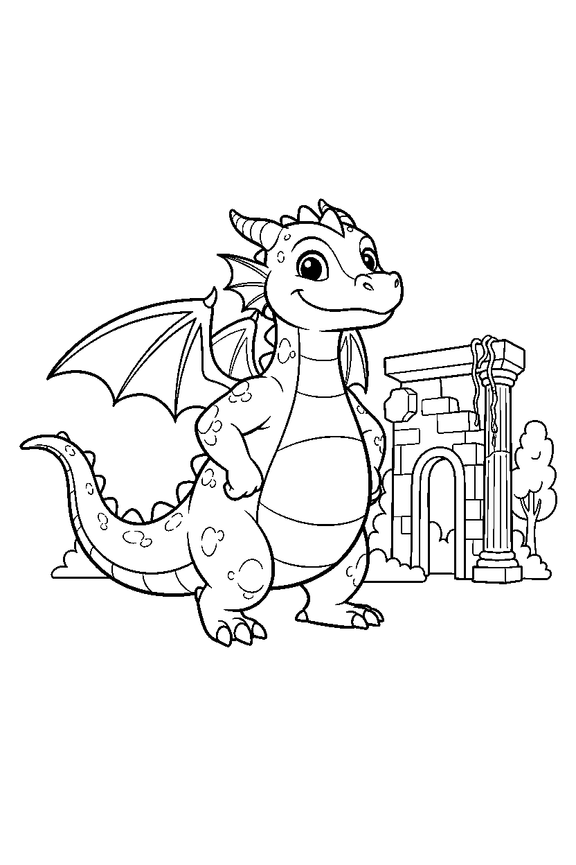baby dragon walking proudly near ancient ruins line art