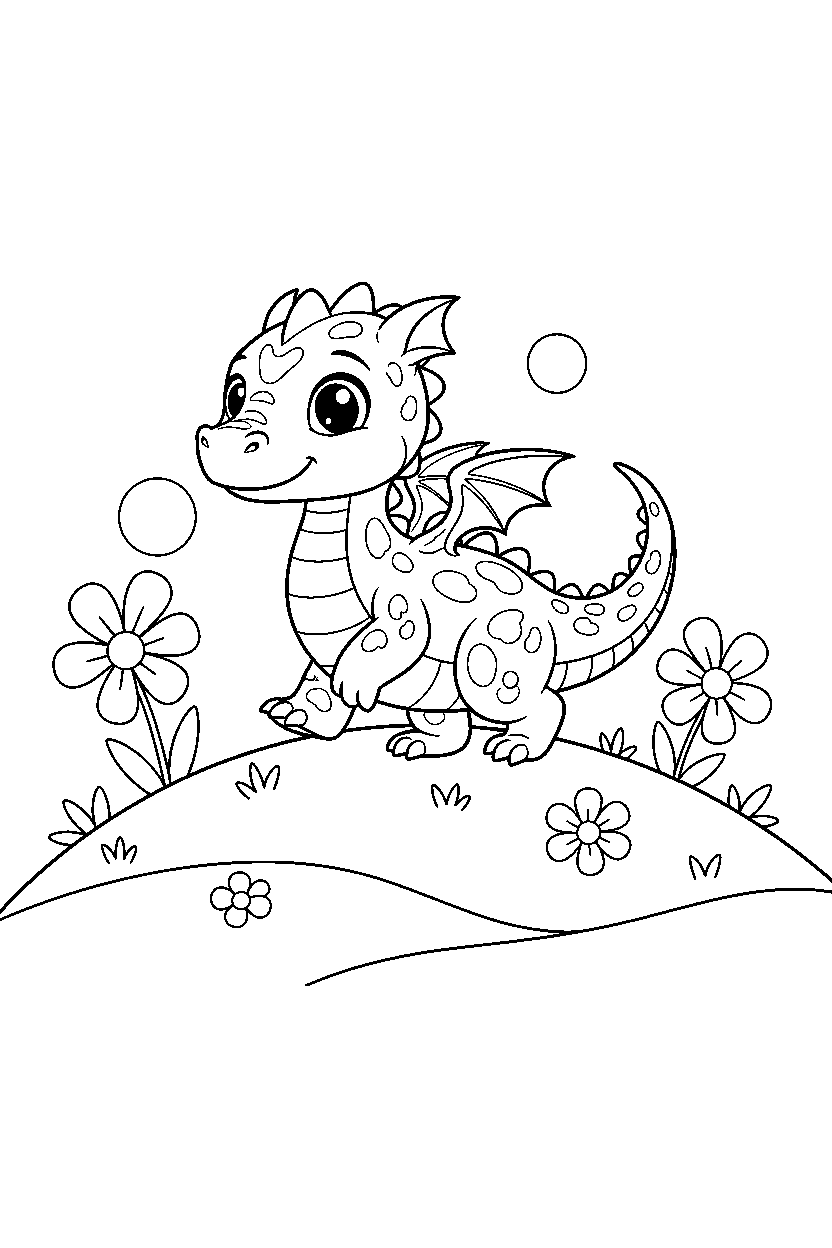 baby dragon walking proudly on a bright hill line art