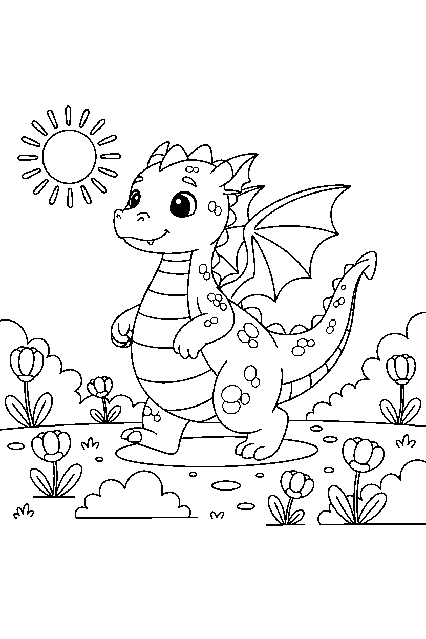 baby dragon walking proudly on a sunny meadow line art