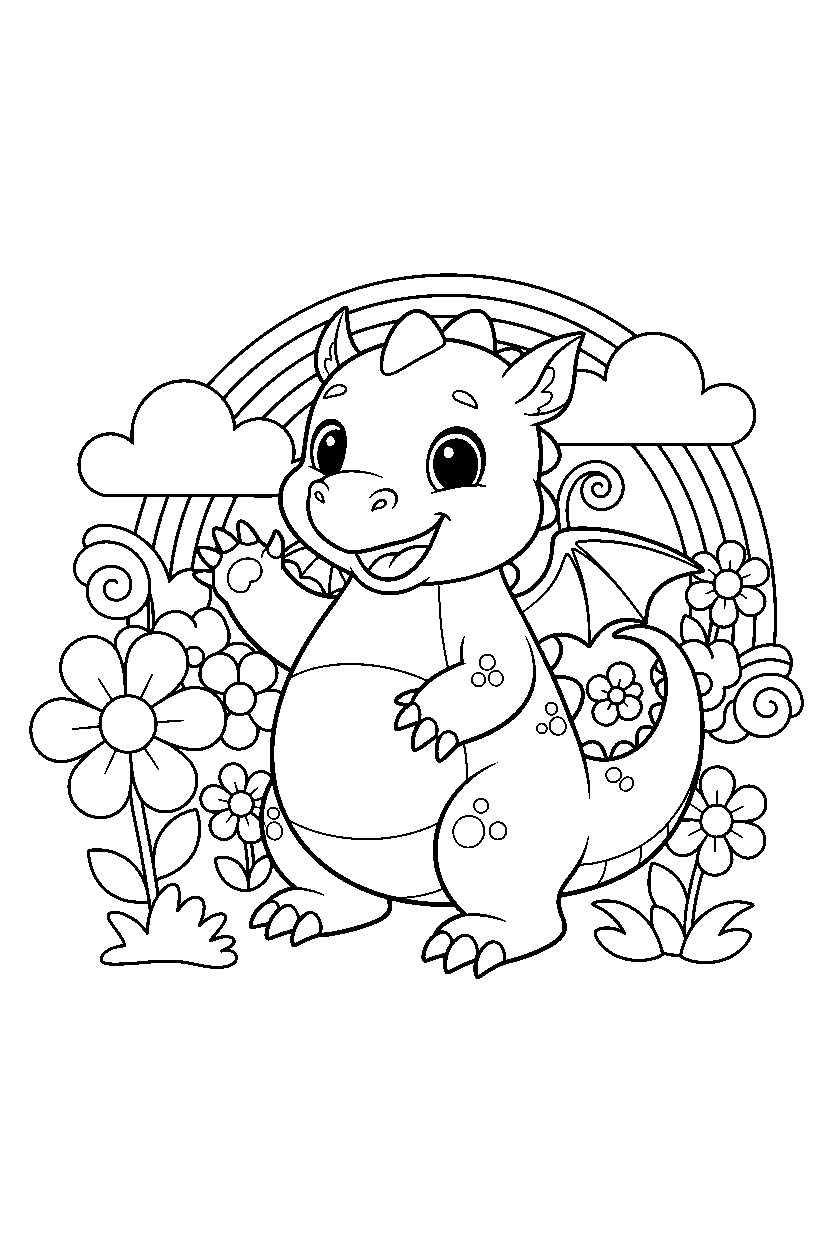 baby dragon waving happily in a colorful world line art