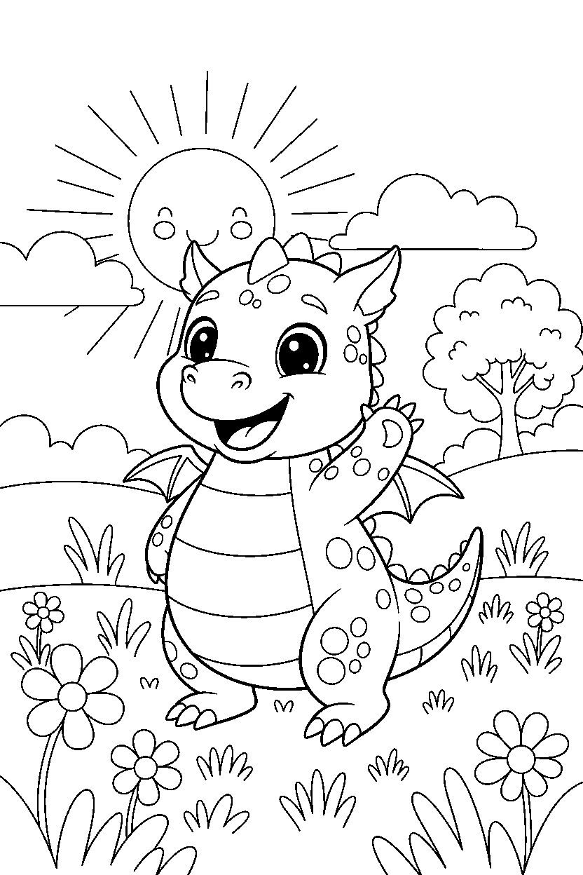 baby dragon waving happily on a sunny meadow line art