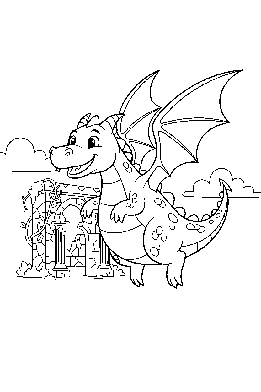 brave dragon flying happily near ancient ruins line art