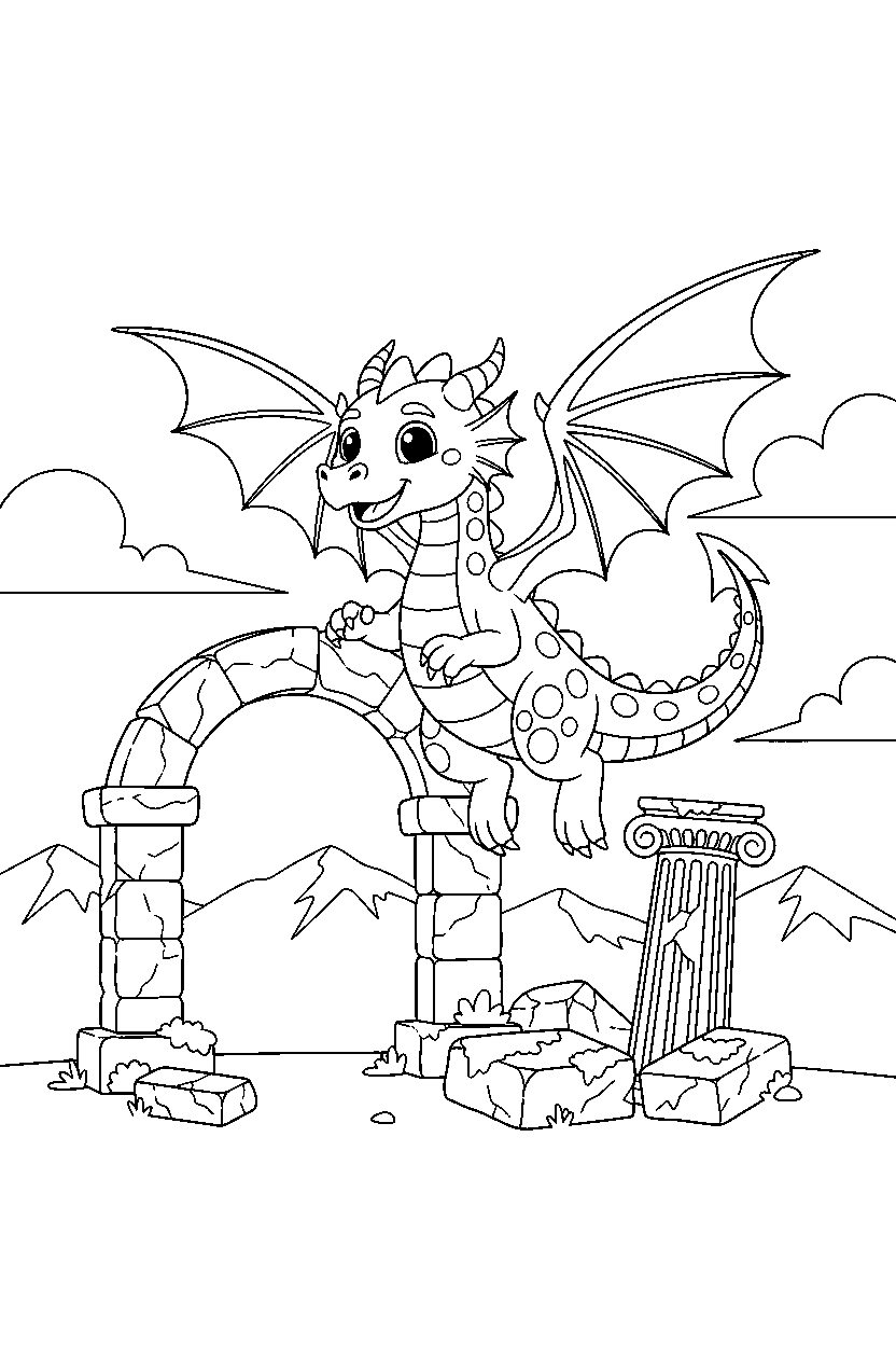 brave dragon jumping with joy near ancient ruins line art