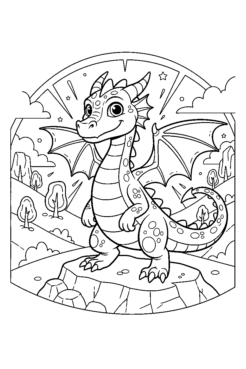 brave dragon posing proudly in a glowing valley line art