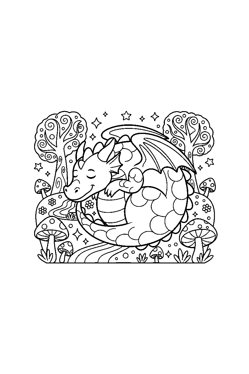 brave dragon relaxing peacefully in a magical forest line art