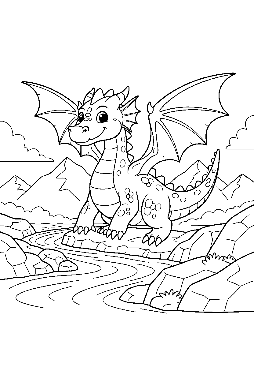 brave dragon spreading wings near a glowing river line art