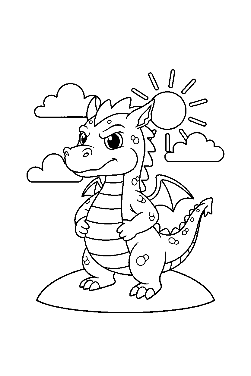brave dragon standing bravely on a bright hill line art