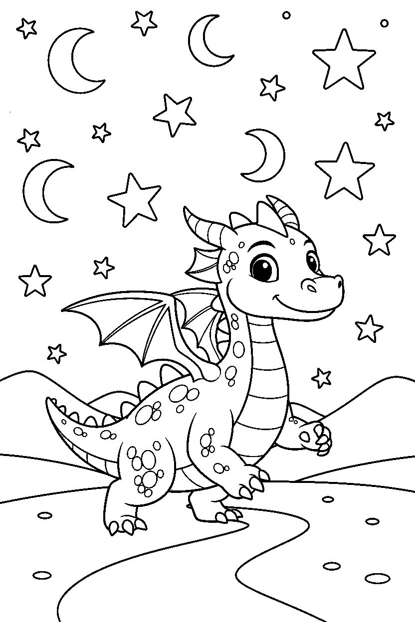 brave dragon walking proudly in a starry valley line art