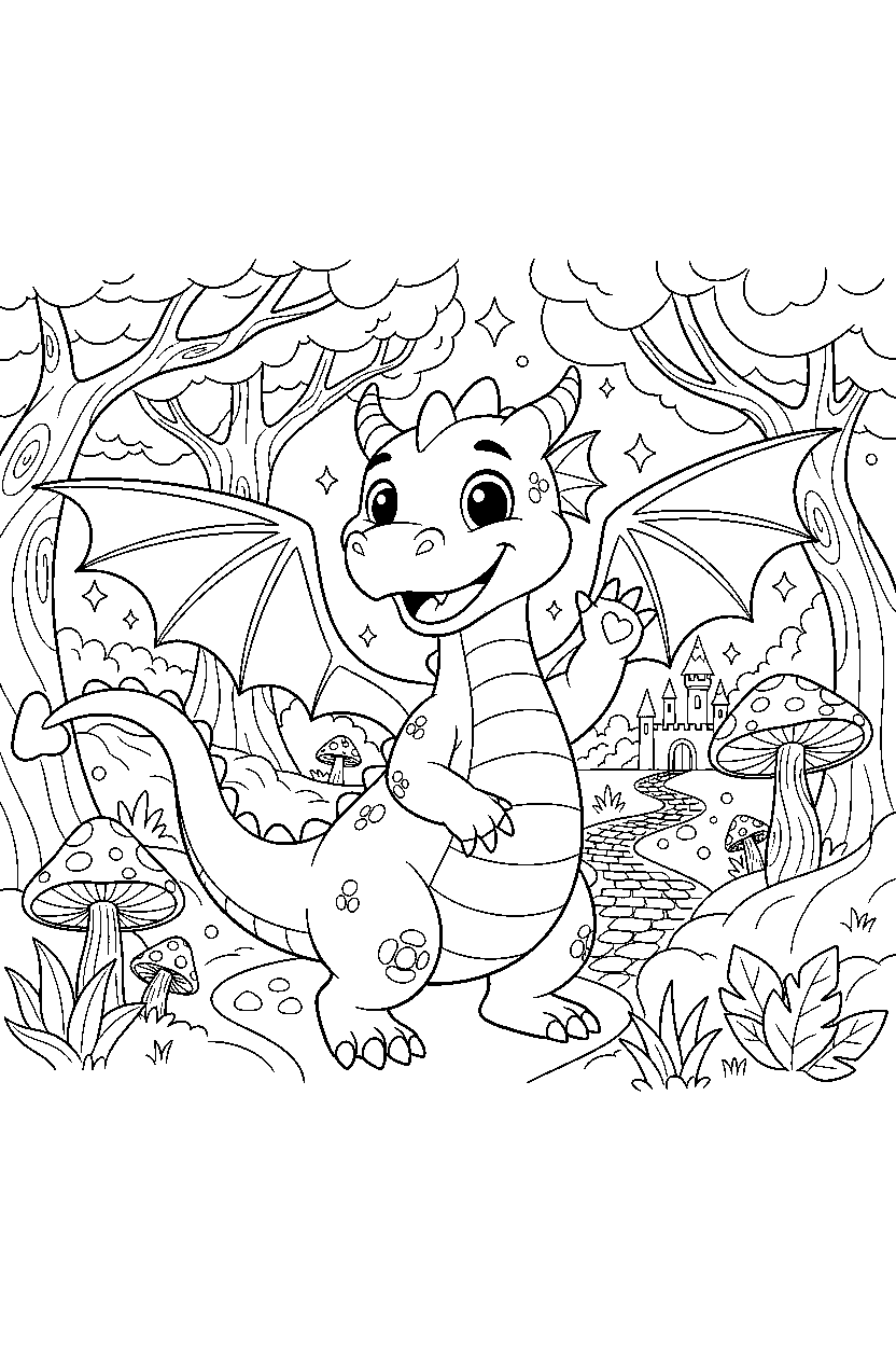 brave dragon waving happily in a magical forest line art