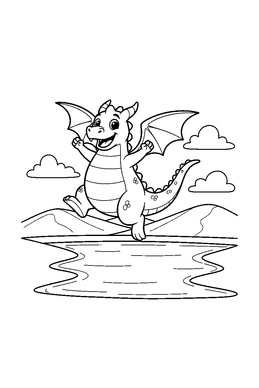 cartoon dragon jumping with joy near a peaceful lake line art