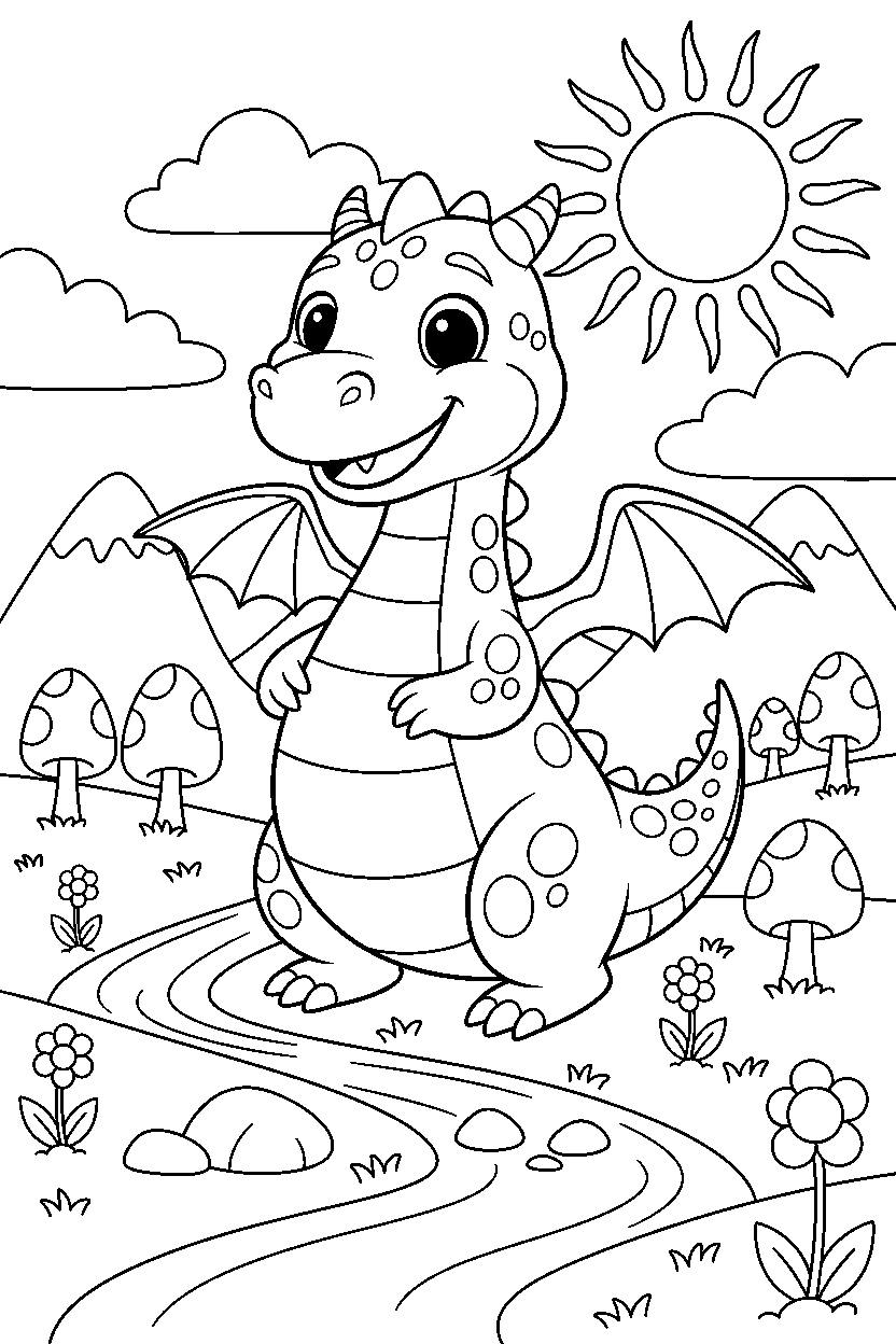 cartoon dragon looking happy in a dragon valley line art