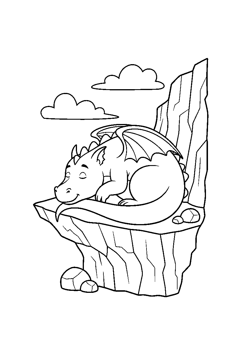 cartoon dragon resting peacefully near a rocky cliff line art