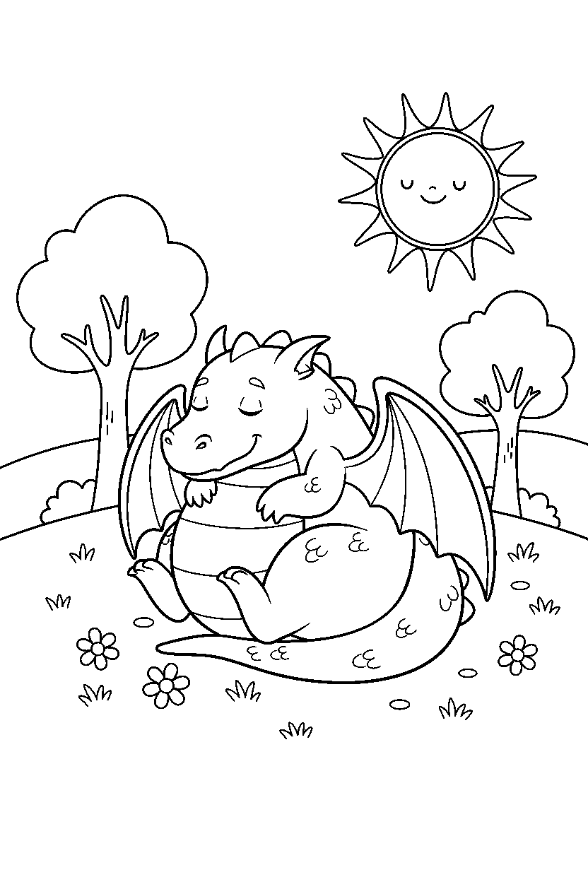 cartoon dragon resting peacefully on a sunny meadow line art
