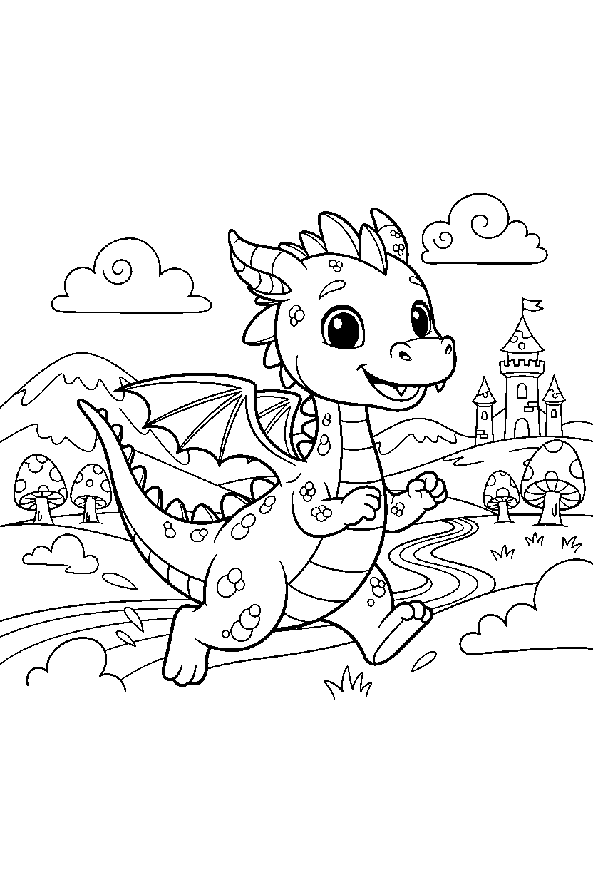 cartoon dragon running happily in a fantasy land line art