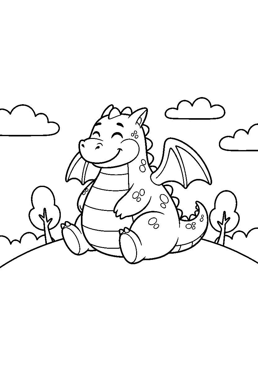 cartoon dragon sitting peacefully on a bright hill line art