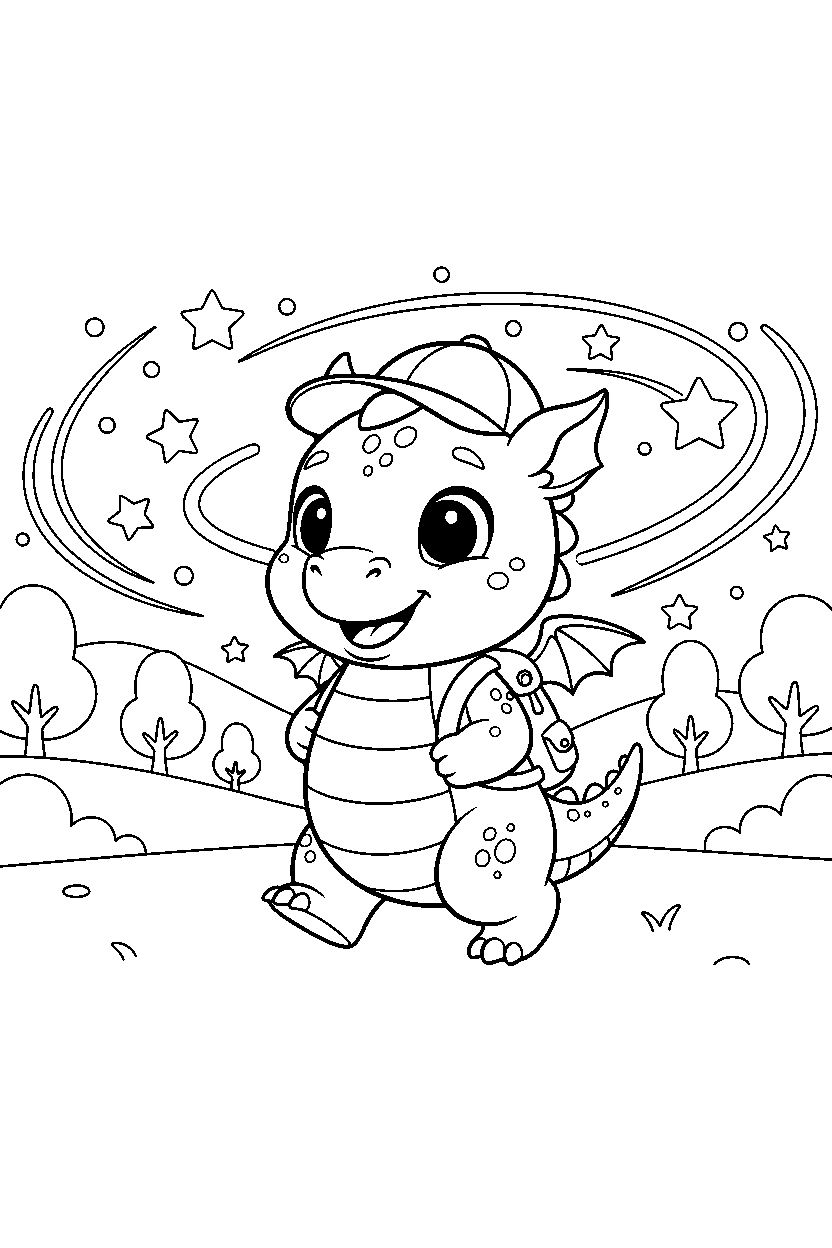 cute dragon exploring happily in a starry valley line art