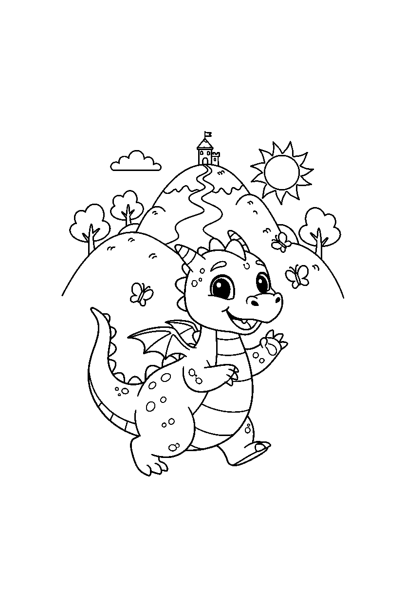 cute dragon exploring happily on a mountain hill line art
