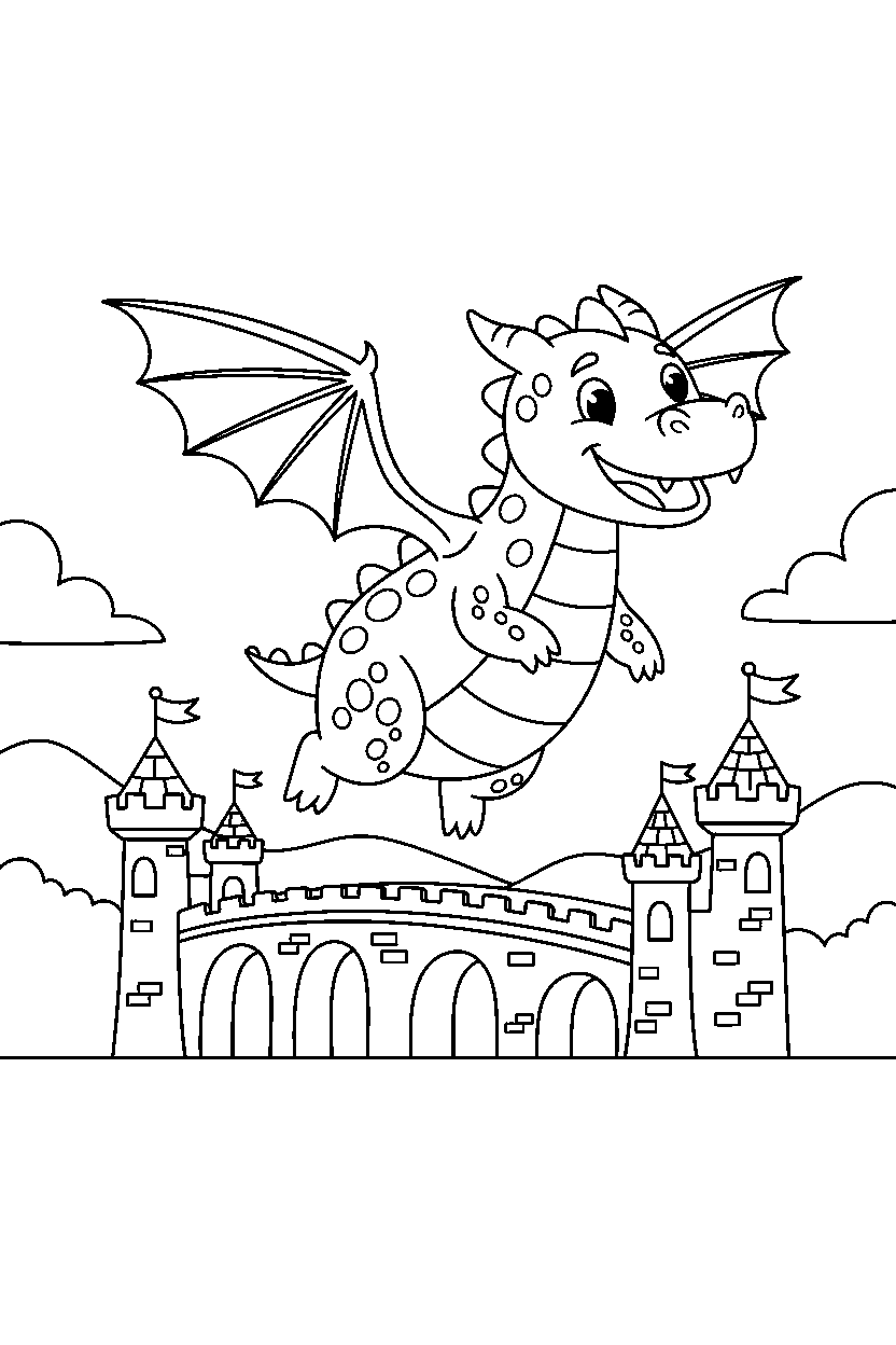 cute dragon flying happily near a castle bridge line art