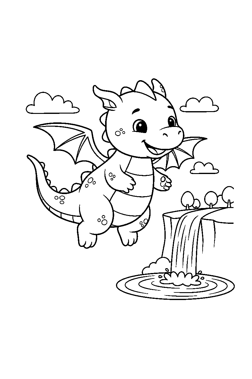 cute dragon flying happily near a waterfall line art