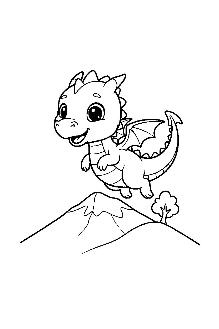 cute dragon flying happily on a mountain hill line art