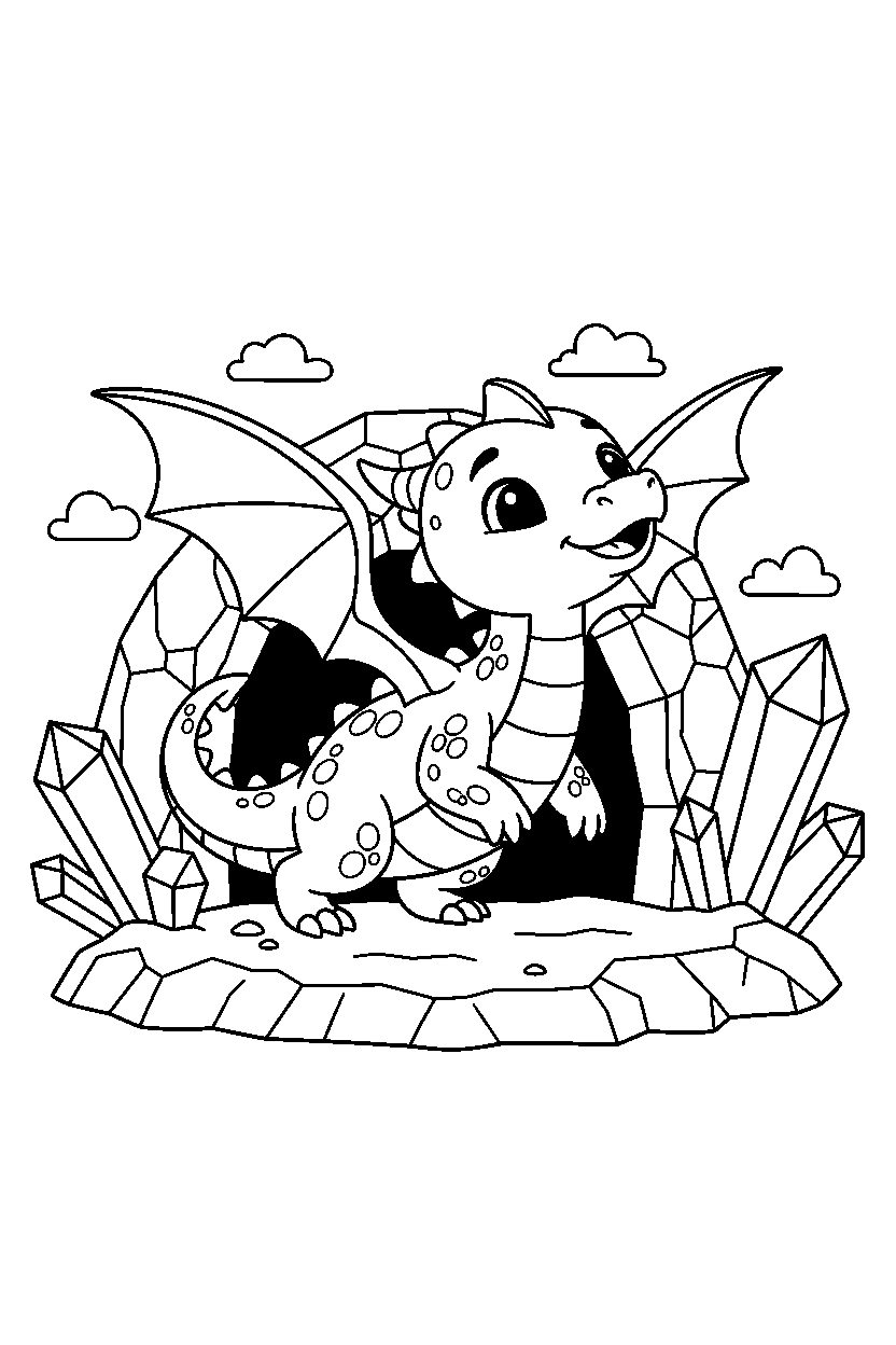 cute dragon getting ready to fly near a crystal cave line art
