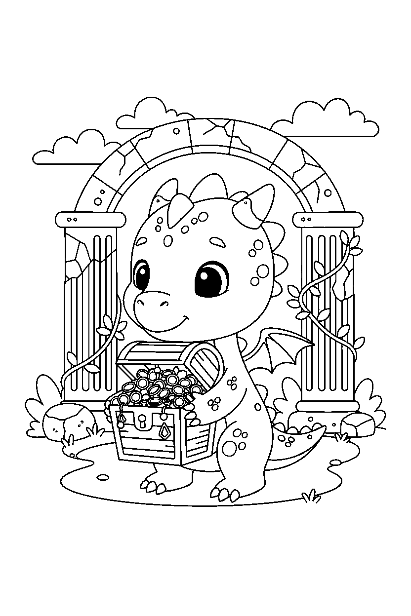 cute dragon holding a treasure near ancient ruins line art