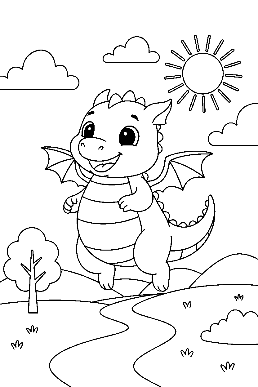 cute dragon jumping happily in a peaceful countryside line art