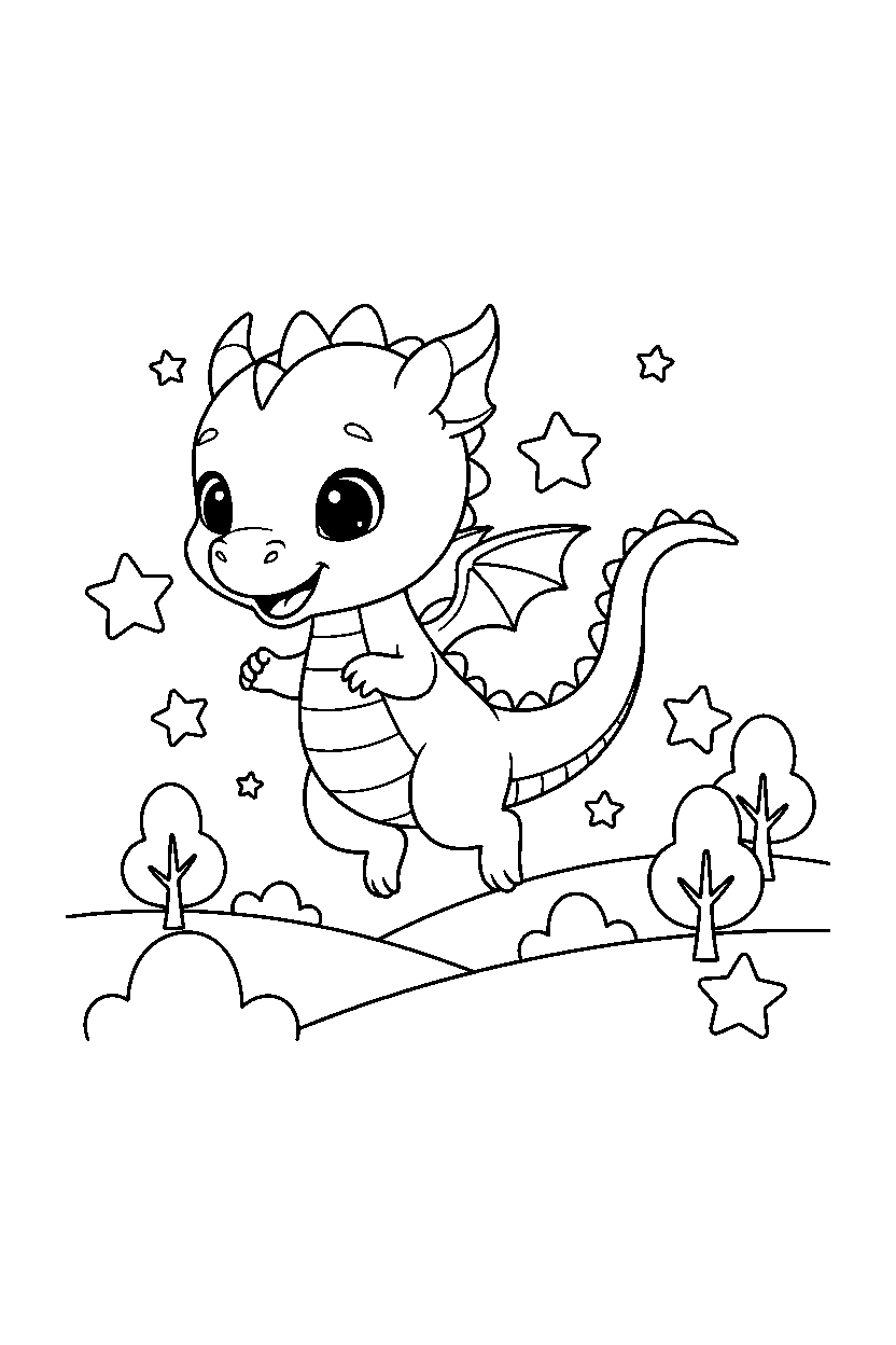 cute dragon jumping happily in a starry valley line art