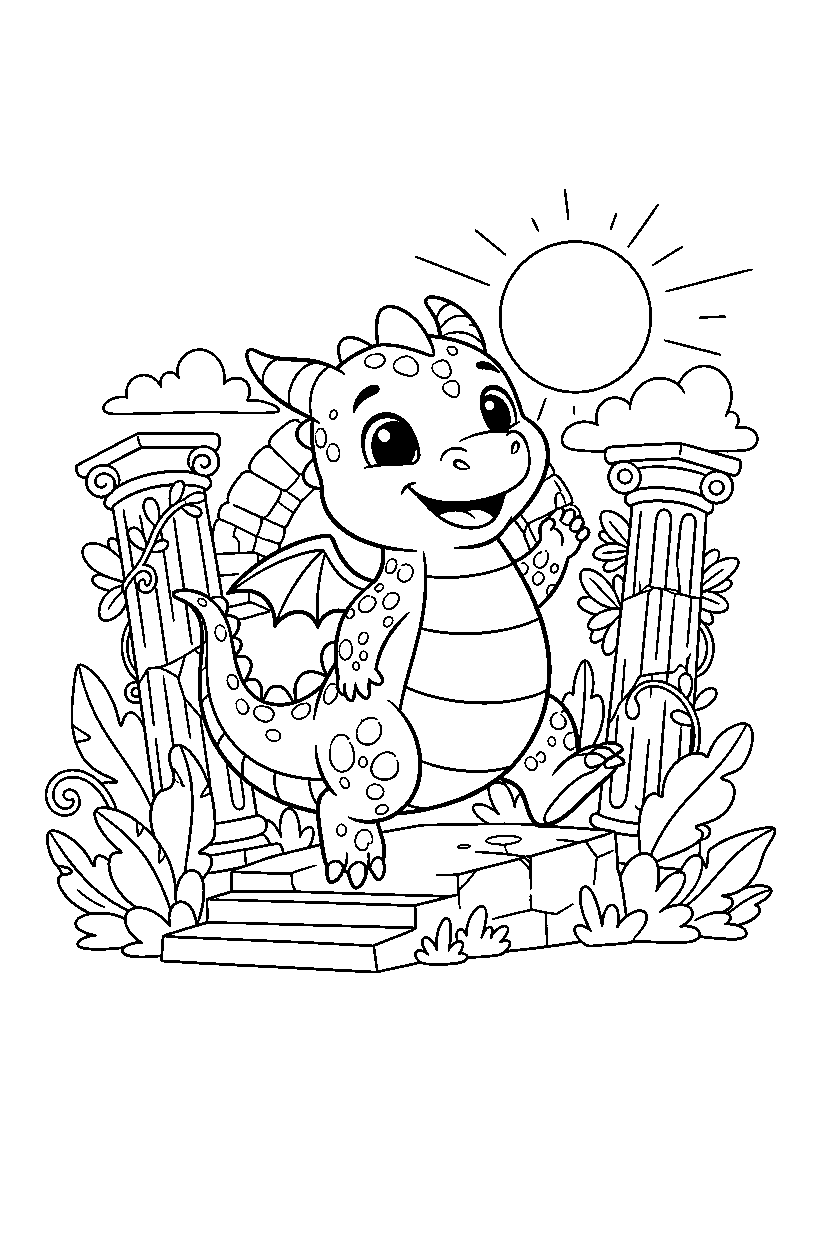 cute dragon jumping happily near ancient ruins line art