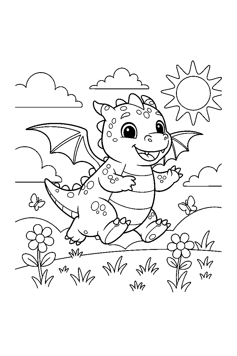 cute dragon jumping happily on a sunny meadow line art