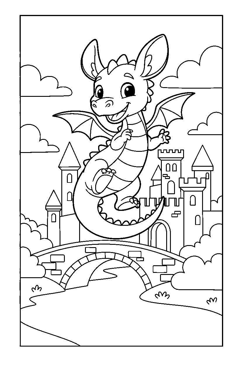 cute dragon jumping with joy near a castle bridge line art
