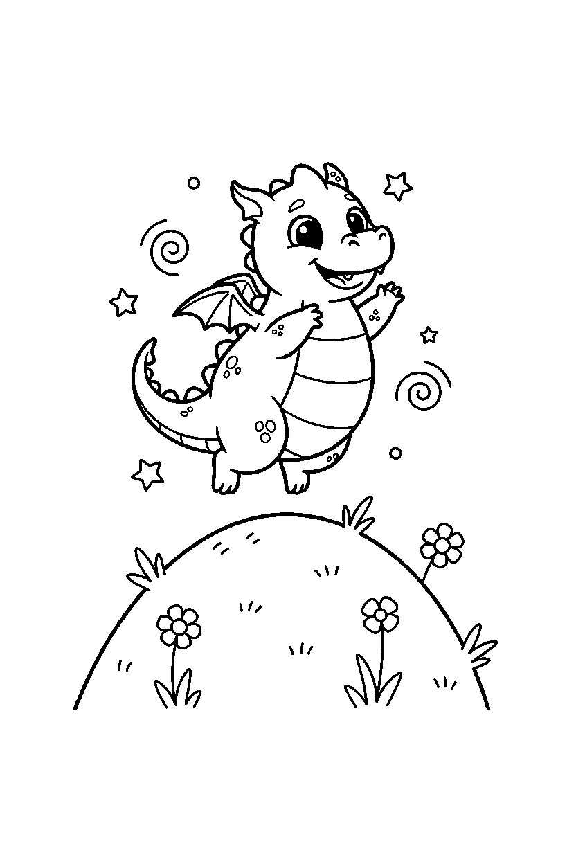 cute dragon jumping with joy on a bright hill line art