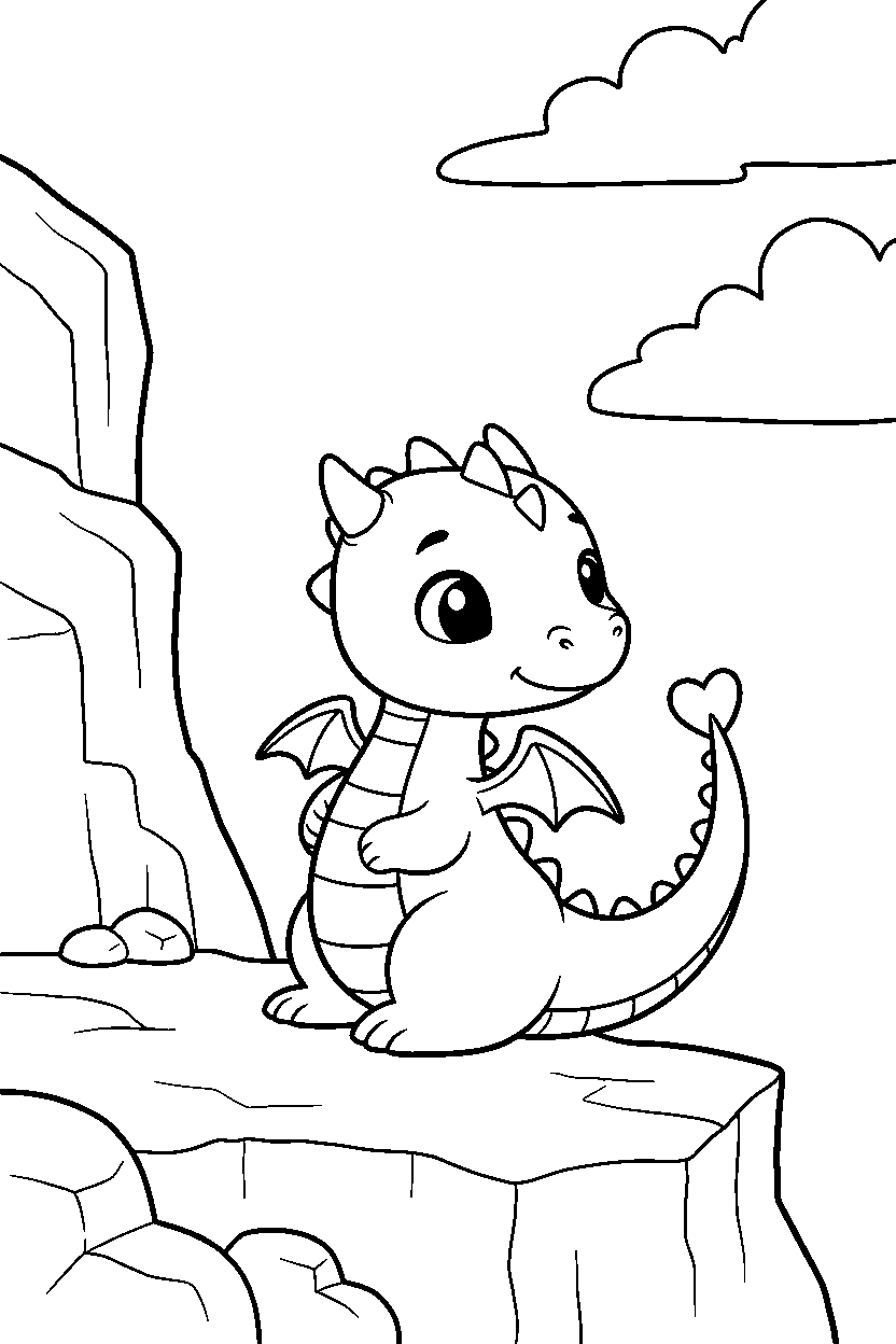 cute dragon looking around near a rocky cliff line art