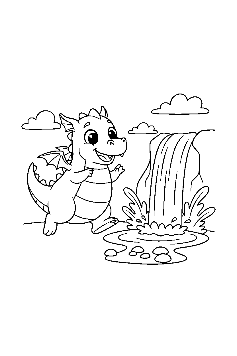 cute dragon looking excited near a waterfall line art
