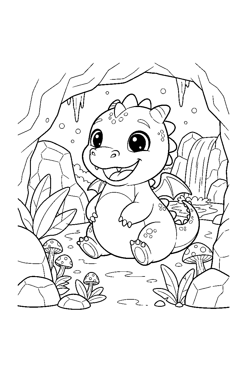 cute dragon looking happy in a hidden cave line art